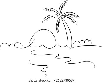 Desenho de linha simples de uma palmeira em uma ilha tropical.