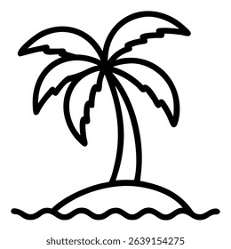 Simple line drawing of a palm tree on an island surrounded by wavy water depicts relaxation and can be used for vacation related content.