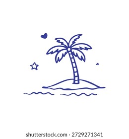 Un dibujo de línea simple de una palmera en una isla con una estrella y un corazón.