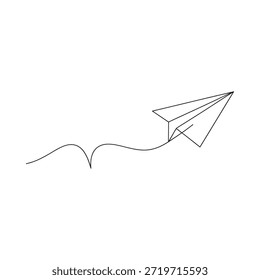 Dibujo de línea simple de un avión de papel en vuelo mínimo y elegante