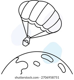 Dibujo de línea simple de un aterrizaje en paracaídas en un planeta abstracto