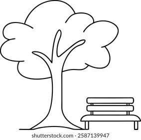 Simple Line Drawing Park Bench Under Shady Tree