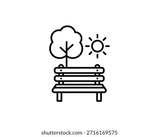 Desenho de linha simples de um banco de parque com uma árvore e sol