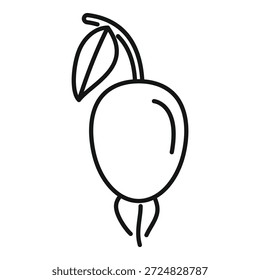 Desenho em linha simples de um maracujá pendurado no seu ramo com uma folha