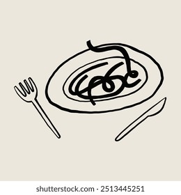 Simple line drawing of a pasta dish with utensils, emphasizing minimalist art and culinary themes. Perfect for food and design concepts