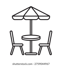 Simple line drawing of a patio set with umbrella and two chairs