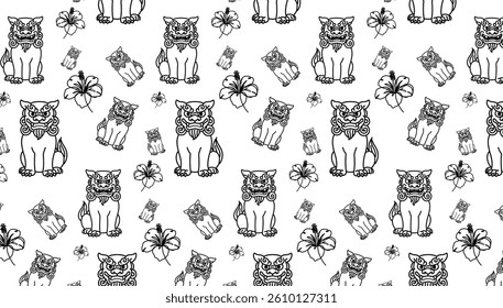 Simple line drawing pattern background of Shisa and Hibiscus