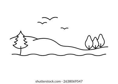Simple line drawing peaceful landscape scene birds trees hills