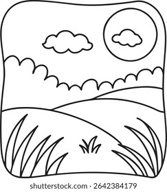 Simple line drawing of a peaceful landscape featuring rolling hills, grass, clouds, and a sun. Ideal for children's books, coloring pages, or educational materials.