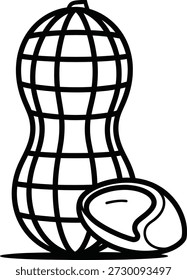 Um desenho de linha simples de um amendoim com um padrão de grade e uma meia casca removida