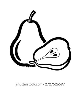 Dibujo de línea simple de una pera y media pera sobre un fondo blanco