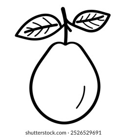 A simple line drawing of a pear with leaves on a stem.