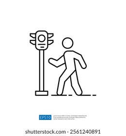 A simple line drawing of a pedestrian walking near a traffic light, illustrating road safety and the importance of following traffic signals.