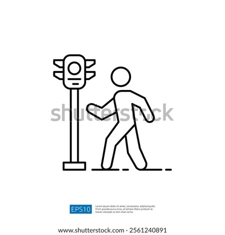 A simple line drawing of a pedestrian walking near a traffic light, illustrating road safety and the importance of following traffic signals.
