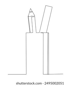 a simple line drawing of a pencil and a ruler in an continer. roductivity in office or school concept. Simple hand drawn style illustration