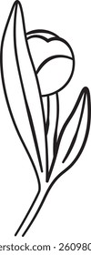 A simple line drawing of a peony with two leaves in a minimalist style. The flower is depicted with clean lines and a modern aesthetic. Cartoon vector illustration.