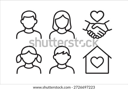 a simple line drawing of people and a house with a heart