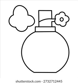 A simple line drawing of a perfume bottle with a spray of fragrance emanating from the nozzle. The bottle has a round body and a rectangular cap.