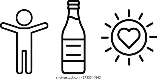 A simple line drawing of a person, a bottle of water, and a sunny heart