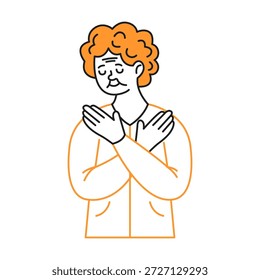 A simple line drawing of a person with curly hair, crossing their arms over their chest, wearing a longsleeved shirt. The lines are bold, creating a distinct style.