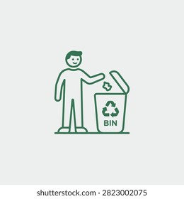Simple line drawing of a person disposing of waste into a recycling bin, emphasizing environmental responsibility and waste management.