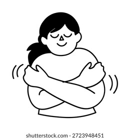 A simple line drawing of a person hugging themselves with closed eyes and a smile, conveying self-love and comfort.