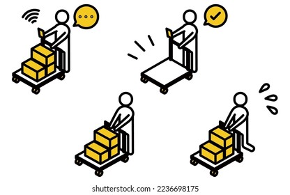 Simple line drawing of a person making a delivery using a cart, DX, IT, logistics, distribution
