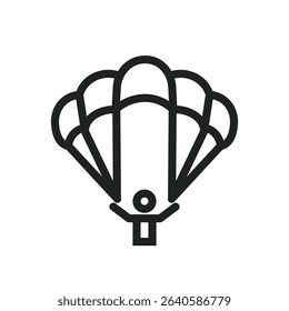 A simple line drawing of a person parachuting, depicted with a stylized parachute and a small figure.