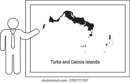 A simple line drawing of a person pointing to a map of the Turks and Caicos Islands.