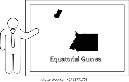 A simple line drawing of a person presenting a map of Equatorial Guinea on a whiteboard.