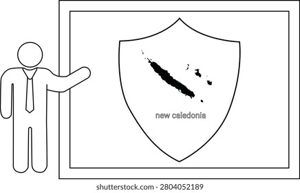 A simple line drawing of a person presenting a shield with the map of New Caledonia inside.