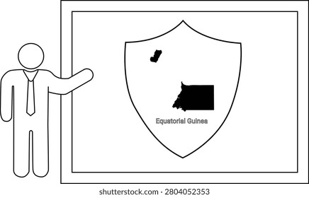 A simple line drawing of a person presenting a shield with the map of Equatorial Guinea inside