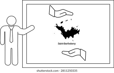 A simple line drawing of a person presenting a map of Saint Barthelemy with two hands above and below.