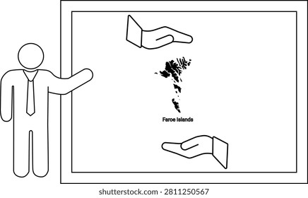 A simple line drawing of a person presenting a map of the Faroe Islands with two hands above and below.