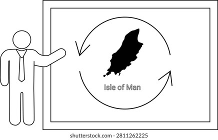 A simple line drawing of a person presenting a map of the Isle of Man surrounded by circular arrows on a whiteboard.