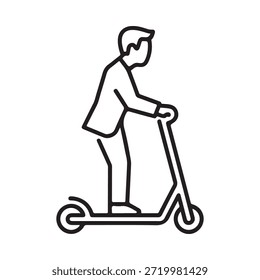 A simple line drawing of a person riding a scooter outdoors