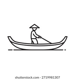 Desenho de linha simples de uma pessoa remando um pequeno barco tradicional