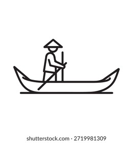 Um simples desenho de linha de uma pessoa remando um barco tradicional