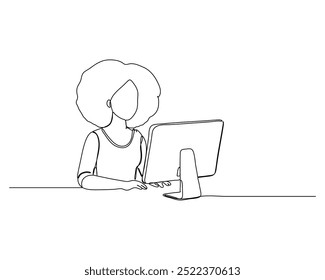 Simple line drawing of a person sitting at a desk using a laptop, Modern work and study environments using technology