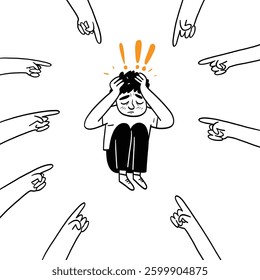 A simple line drawing of a person sitting with their head in their hands, surrounded by pointing fingers. The image suggests feelings of shame, judgment, or being overwhelmed by criticism