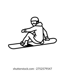 a simple line drawing of a person sitting on a snowboard with their legs bent and arms outstretched the person is wearing a helmet and a jacket the snowboard is flat on the ground