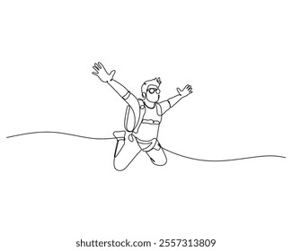 Simple line drawing of a person skydiving, wearing a skydiving suit and goggles, with arms outstretched and legs bent in freefall. Captures the thrill of skydiving with minimalistic detail