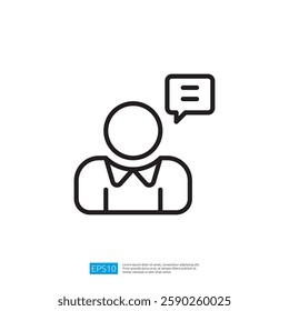 A simple line drawing of a person with a speech bubble, symbolizing communication or conversation. Illustration icon