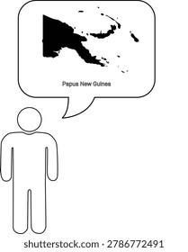 A simple line drawing of a person with a speech bubble containing a map of Papua New Guinea and its name.