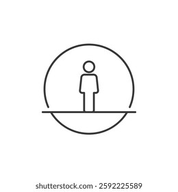 A simple line drawing of a person standing inside a circle with a horizontal line intersecting the circle at the bottom. This icon used in digital interfaces to represent user profiles or accounts