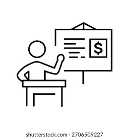 Dibujo de línea simple de una persona de pie en un escritorio, usando un puntero para presentar datos financieros en una pizarra blanca que muestra un símbolo de dólar sobre fondo blanco.