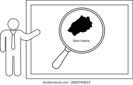 A simple line drawing of a person in a suit and tie pointing to a screen displaying a magnified map of Saint Helena island.