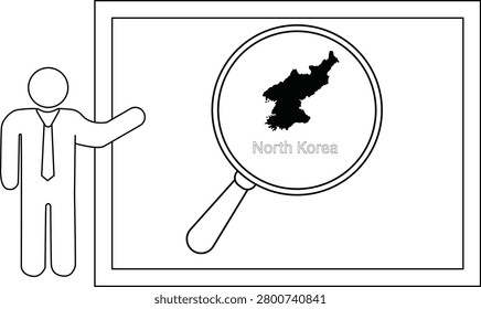 A simple line drawing of a person in a suit pointing to a whiteboard displaying a magnified map of North Korea.