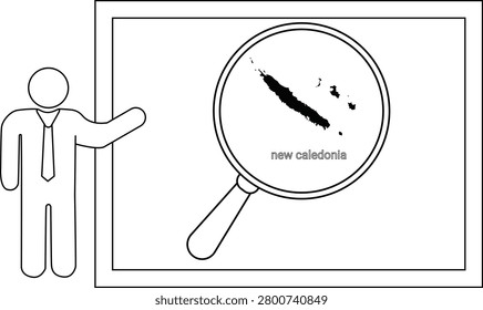 A simple line drawing of a person in a suit pointing to a whiteboard displaying a magnified map of New Caledonia.