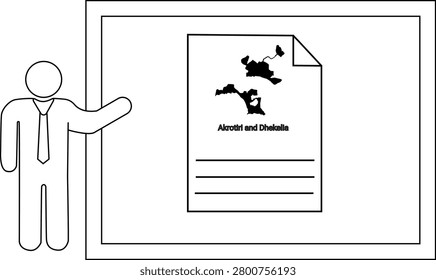 A simple line drawing of a person in a suit presenting a document with a map and lines for text on a whiteboard.